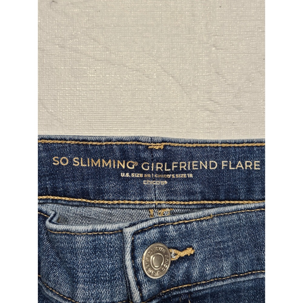 Chicos So Slimming Girlfriend Flare Jeans Blue Medium Wash Raw Hem Size 1R 8R - Picture 3 of 8